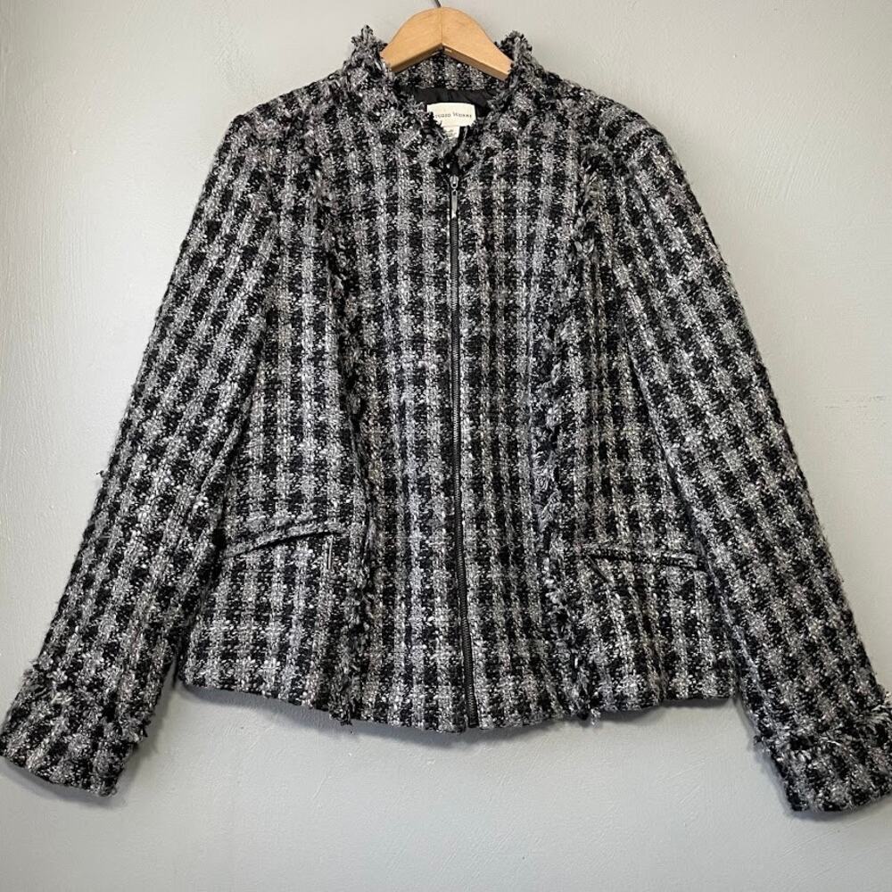 Studio Works Zip Jacket Size 18 Black Gray Tweed Plaid Fringed Blazer Academia